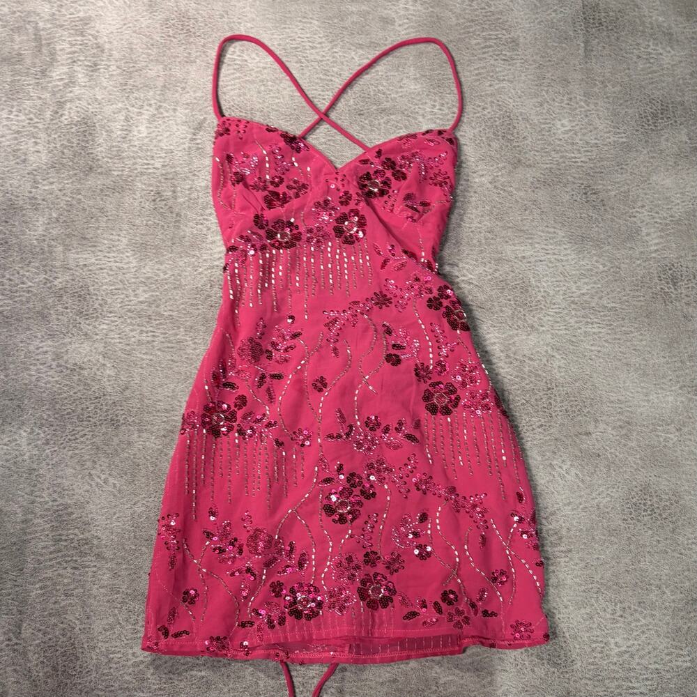 Hot Pink Floral Embellished Mini Dress